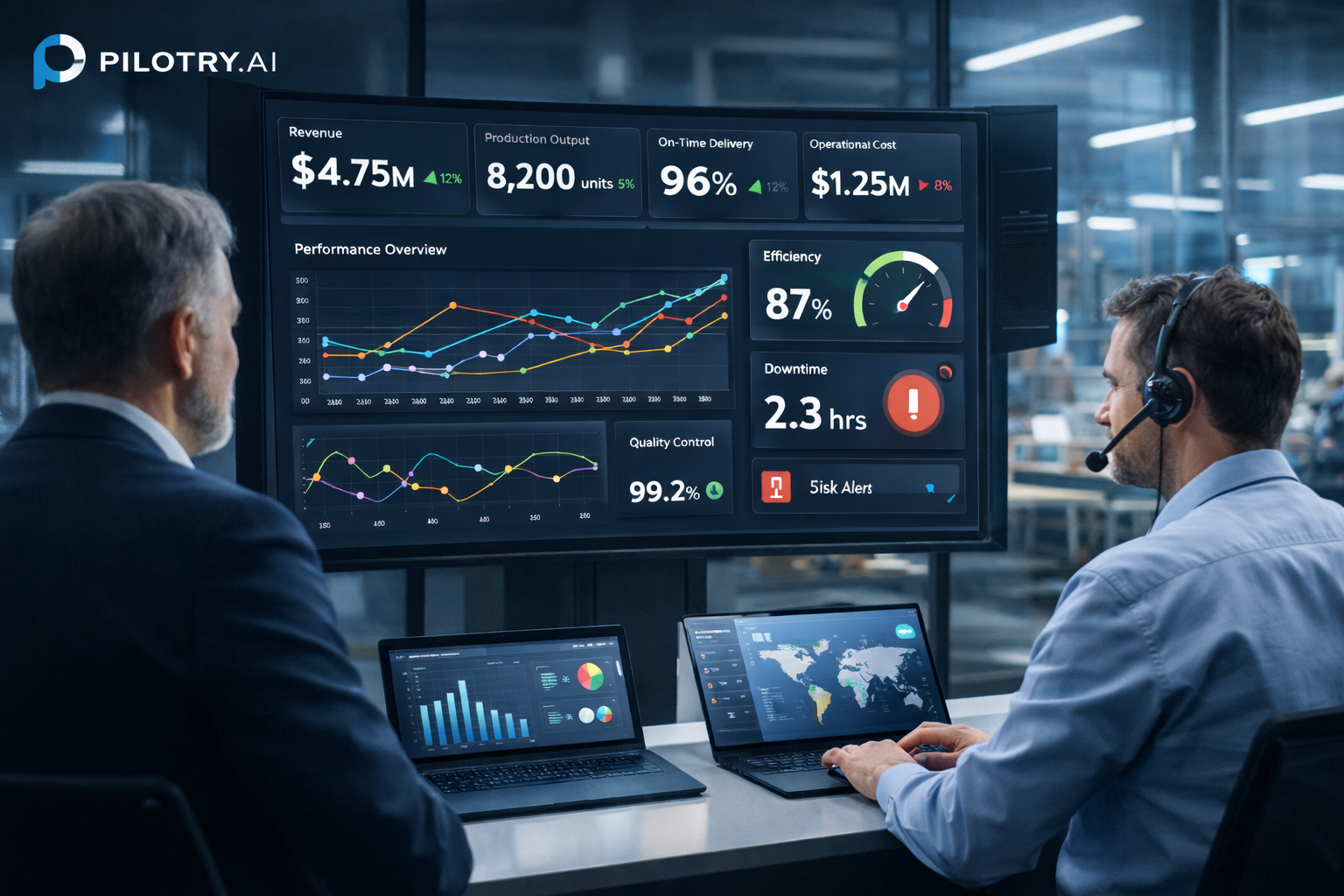 Leadership and operations team reviewing live performance dashboards