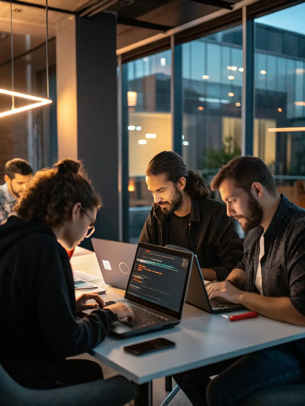 A professional photo of the Pilotry AI team collaborating in a modern office, showcasing their expertise and teamwork.